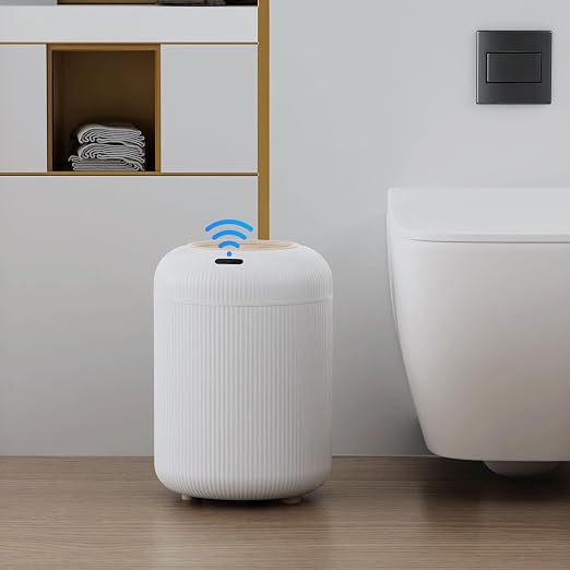 URALFA Bathroom Trah Can with Lid, Motion Sensor Trash Can Touchless | 3 Gallon Automatic Bathroom Garbage Can, Smart Trash Bin for Bedroom, Office, Restroom, Removable Legs, White and Gold