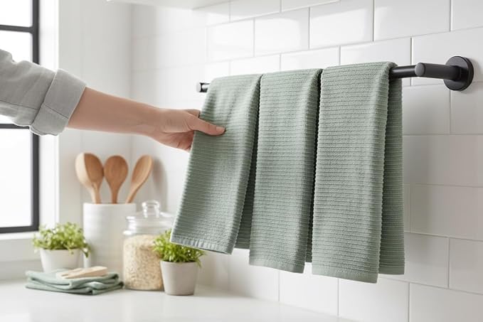 Sage Green Kitchen Hand Dish Towels, Set of 3, 100% Cotton, 18" x 28" | Terry Loop Ribbed Textured, Soft & Absorbent Cleaning Cloth, Quick Dry, Multipurpose for Everyday Use