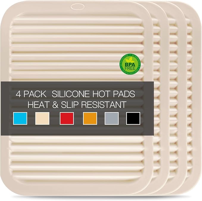 QPIX DIGITAL 4 Pack Beige Silicone Trivets For Hot Dishes, Large And Heat Resistant Silicone Pot Holder Hot Pads For Kitchen, 9x12 Trivet Mat For Hot Pots And Pans, Jar Opener, Drying Mat