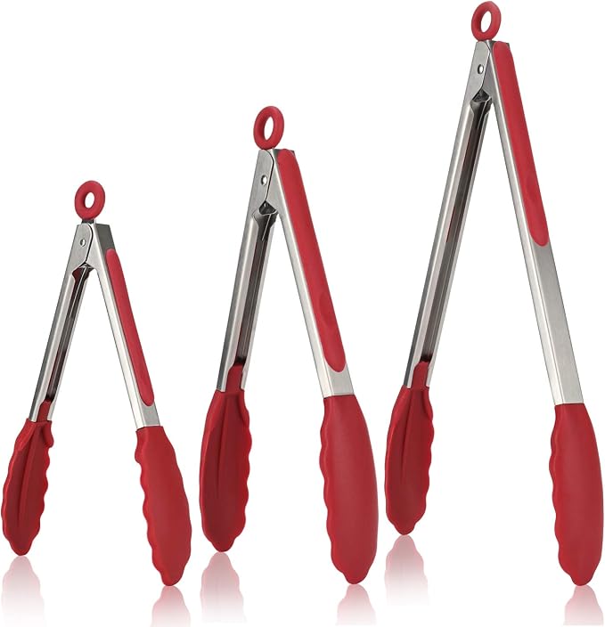 U-Taste Kitchen Tongs for Cooking, 600ºF Heat-Resistant Silicone, 3Pcs/Red | Tong Utensils Set 7/9/12in, Salad/Grill/BBQ Plastic Tongs for Food Serving, Rubber Thong with 18/8 Stainless Steel Handle