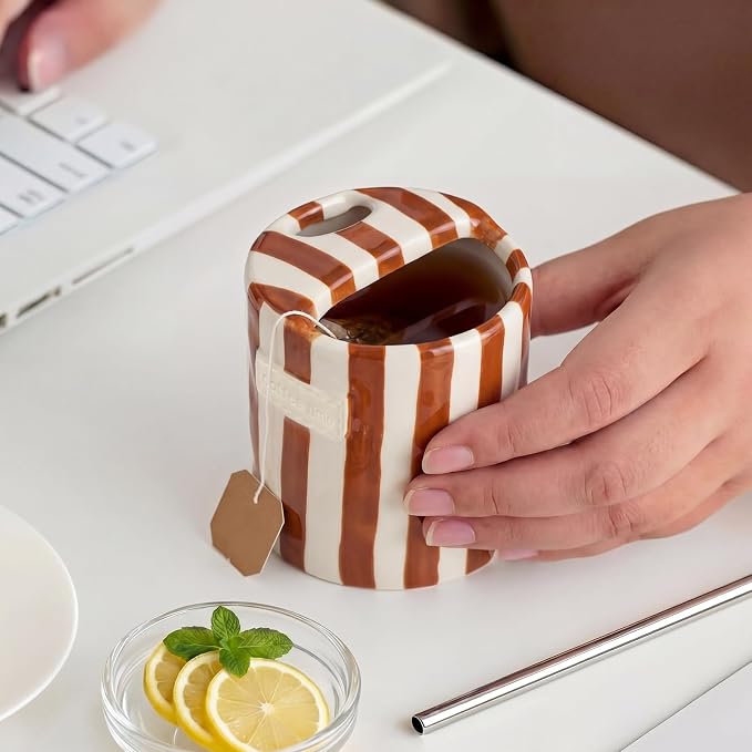2 Pack Ceramic Mug with Sip Hole, Simple, Brown, Black | 10oz Ceramic Coffee Cup with Straws, Retro Hand Painted Striped, for Iced Coffee Tea Latte Espresso, Kitchen Dining Travel