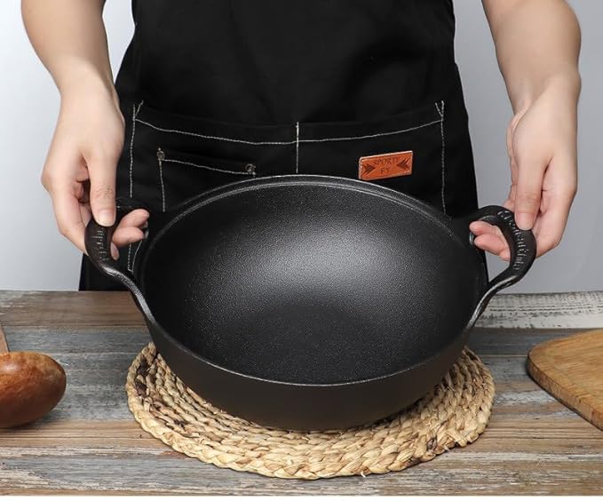Cast Iron Wok with Dual Handle, Pre-Seasoned Stir-Fry Pans (Wok with Lid 10 inch)