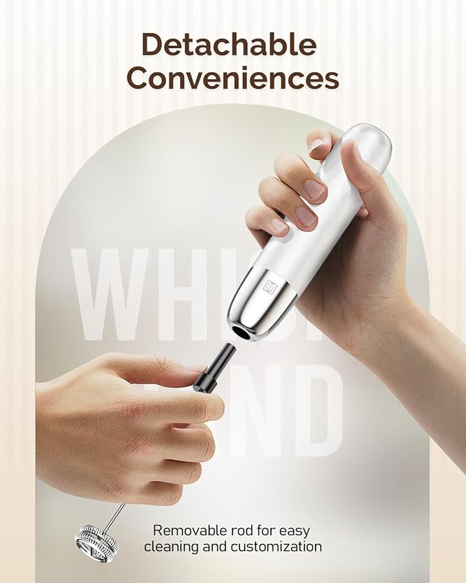 Maestri House Rechargeable Milk Frother, LunaFro Mini with Detachable Wand | 8000RPM Turbo Motor, 1200mAh lithium battery, Compact Design Milk frother Handheld for Lattes, Cappuccino, Matcha, No Stand