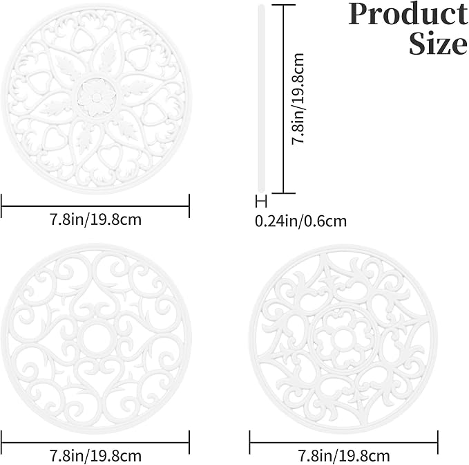 Silicone Trivets Mats for Hot Pots and Pans, Multi Purpose Trivets Mat -Heat Resistant Silicone Trivet Intricately Carved Hot Pads Set of 6 (F: Style 1-White)
