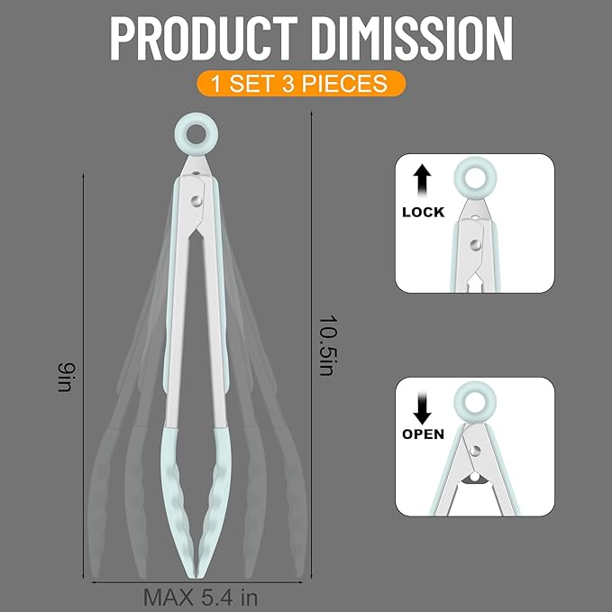 Hotec Silicone Serving Tongs for Cooking 9-Inch Kitchen Tongs with Silicone Tips, Set of 3 (Gradient Blue)
