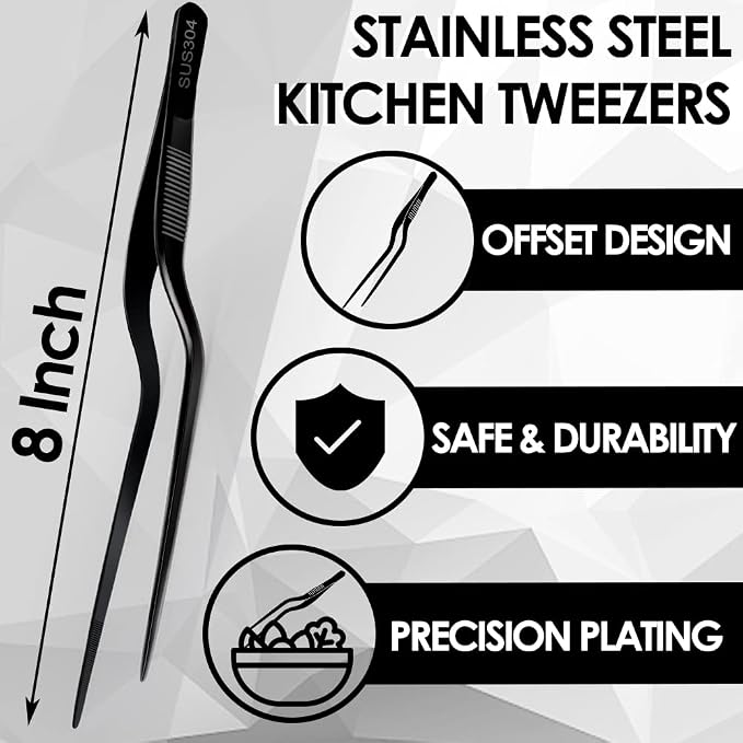 Gutsdoor 8 Inch Plating Tweezers Stainless Steel Precision Culinary Tweezer Black Kitchen Offset Tweezers Tongs
