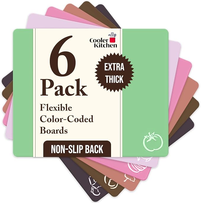 Extra Thick Pastel Flexible Plastic Cutting Board Mats with Food Icons & EZ-Grip Waffle Back, (Set of 6) Dishwasher Safe. Cutting Boards for Kitchen, Cutting Mat, Plastic Cutting Boards Cooler Kitchen