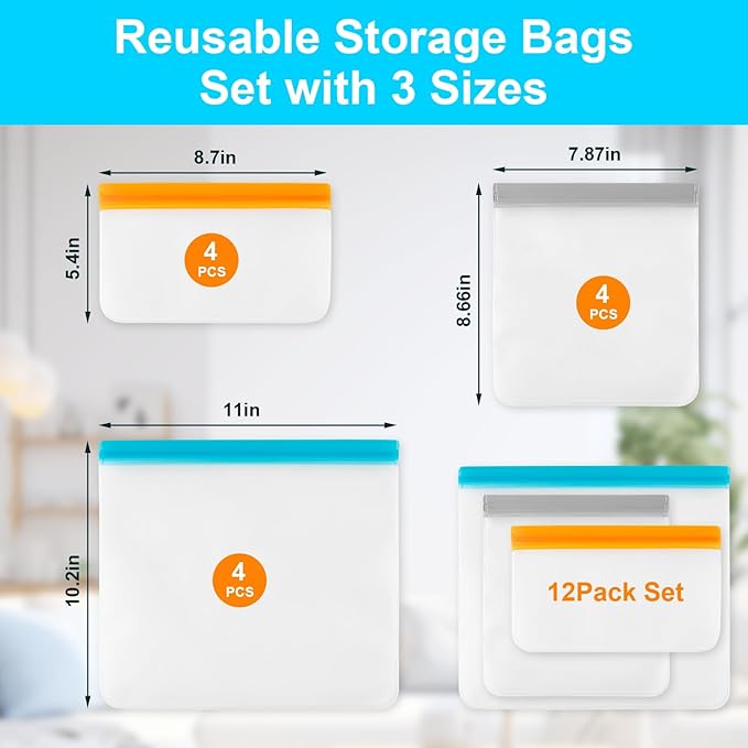 12 Pack Reusable Freezer Bags Dishwasher Safe, Leakproof Food Storage Bags, Silicone Bags for Food Storage Home Organization (4 Reusable Snack Bags 4 Sandwich Bags 4 Gallon Freezer Bags)