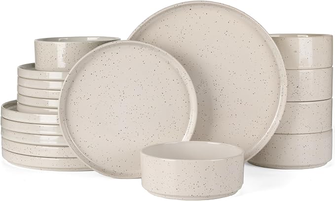 Famiware Nebula 18-Piece Stoneware Dinnerware Set, Creamy White | Plates and Bowls with Reactive Glaze and Colorful Speckles, Chip & Scratch Resistant, Microwave & Dishwasher Safe