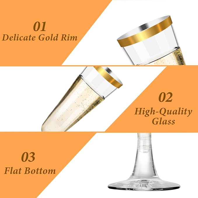 200 Pack Plastic Champagne Flutes with Gold Rim, 5.5 Oz Clear Disposable Plastic Champagne Glasses, Wine Glasses Cups for Wedding Celebration Birthday Party Wine Tasting New Years Eve Party Supplies