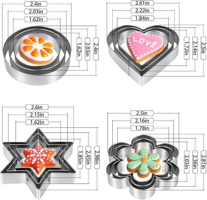 Metal Cookie Cutters Set 12 Pieces, Stainless Steel 3 Heart Cookie Cutters, 3 Star Cookie Cutters, 3 Flower Cookie Cutters, 3 Round Cookie Cutters for Valentine's Day Christmas Holiday