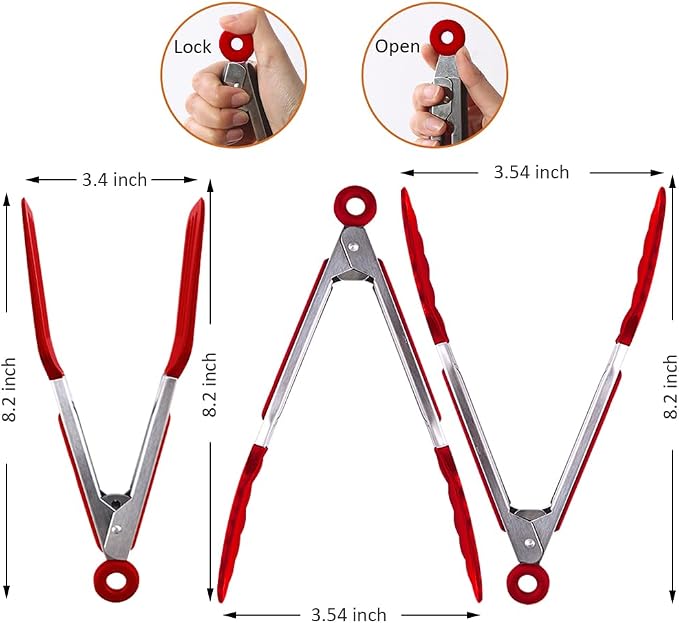 7 inch Small Serving Tongs with Silicone Tips 3 Pack(Red) | Stainless Steel Handle, Non-Scratch, Heat Resistant