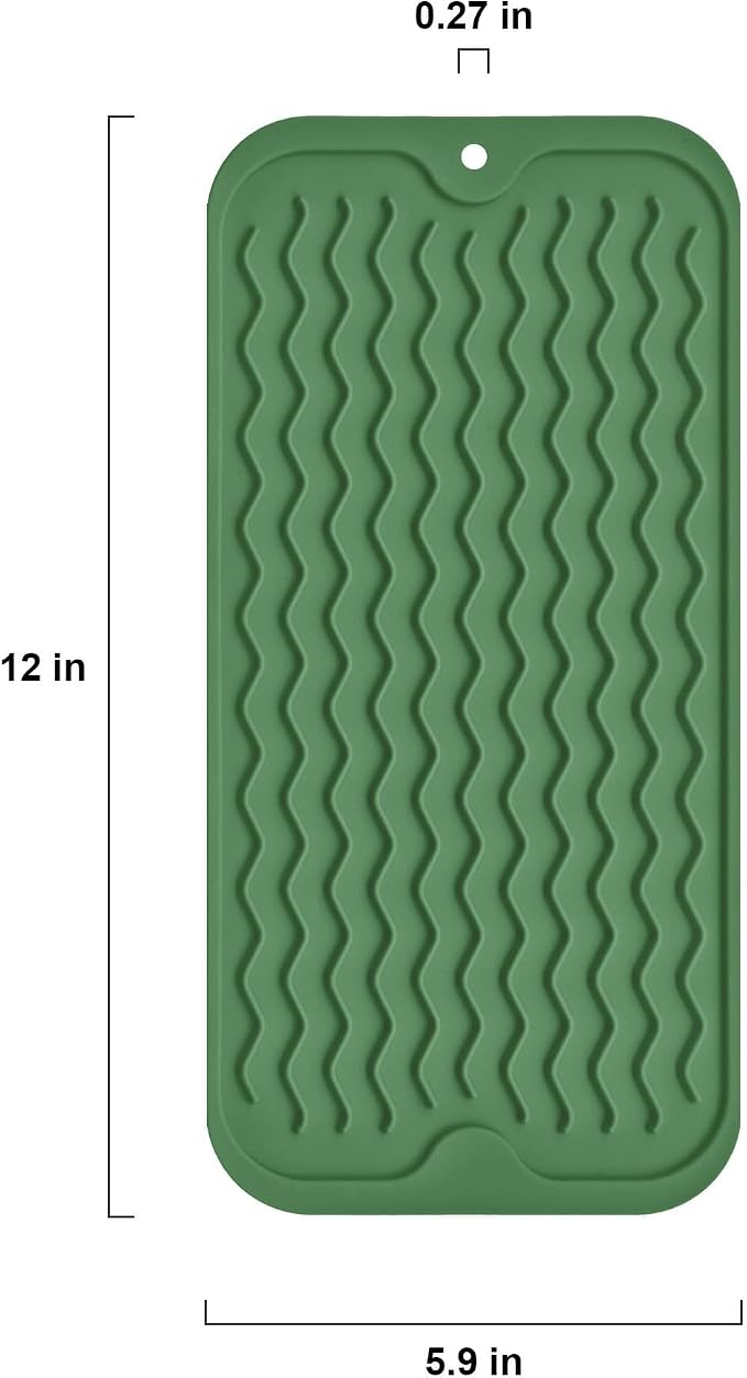 Silicone Dish Drying Mat, Non-Slip Easy Clean Sink Mat, Dark Green ,12"x6" | Quick-Dry Ridges, Large Heat-resistant Dish Drainer Mat for Kitchen Counter, Hangable & Roll-Up for Storage, Dishwasher Safe