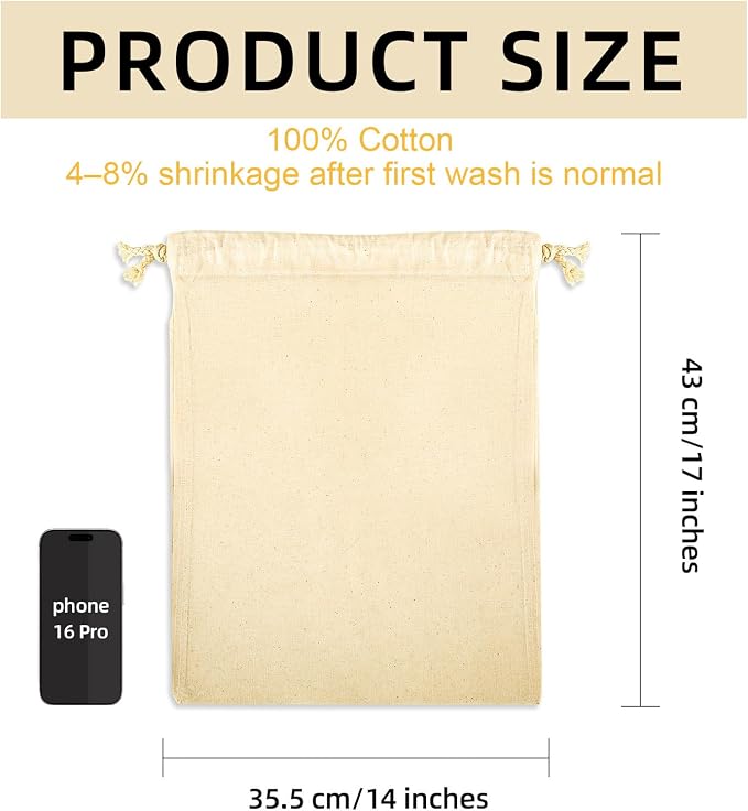 OKBA 8 Pack Cotton Muslin Drawstring Bags 14x17 Inch, Reusable Cloth Bags for DIY Tie-Dye Projects, Grocery & Produce, Shoes, Potatoes and Onions, Eco-Friendly & Washable