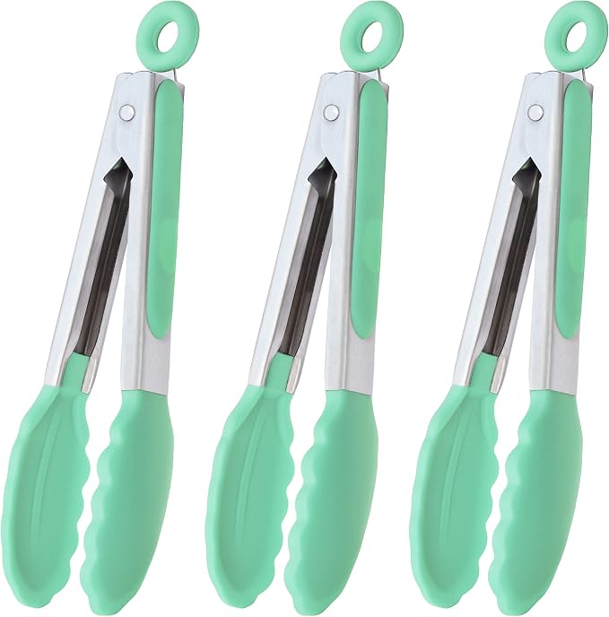 HINMAY Mini Tongs with Silicone Tips 7-Inch Cooking Tongs, Set of 3 (Mint)