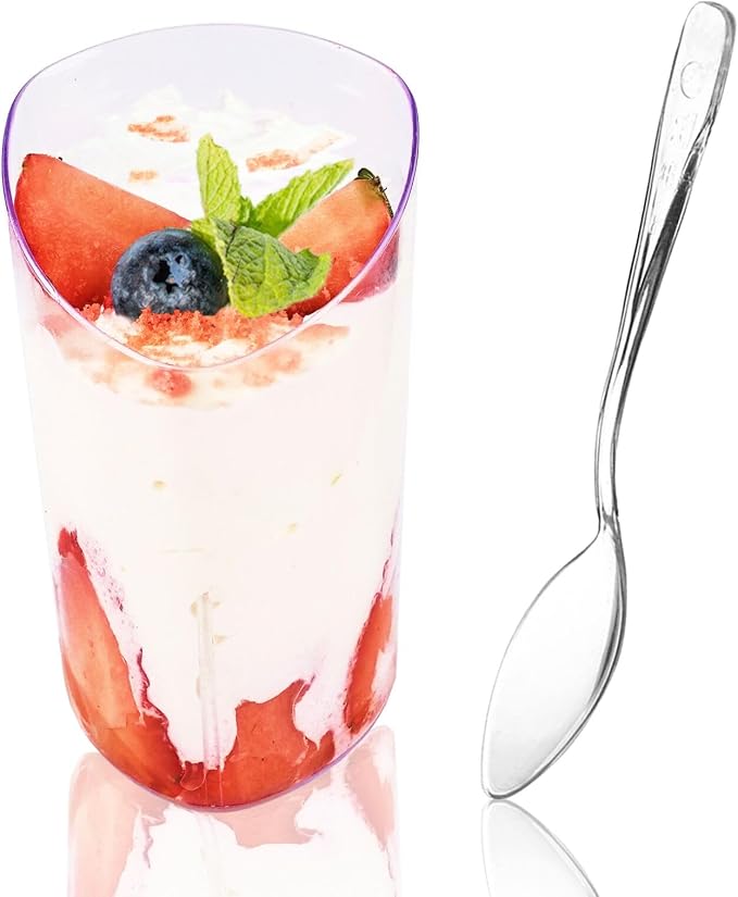 Hiasobre 3 oz Plastic Dessert Cups with Spoons, 25 Pack | Clear Mini Reusable Slanted Triangle Parfait Appetizer Cups, Small Shooter Serving Bowls, Dessert Shot Glasses for Tasting