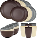 Quatish 24 Piece Plates and Bowls Sets for 6, Unbreakable Dinnerware Sets, Dish Set for Camping, Dishwasher Microwave Safe, Outdoor Kitchen and Apartment Dorm Dinning RV Essentials, Brown