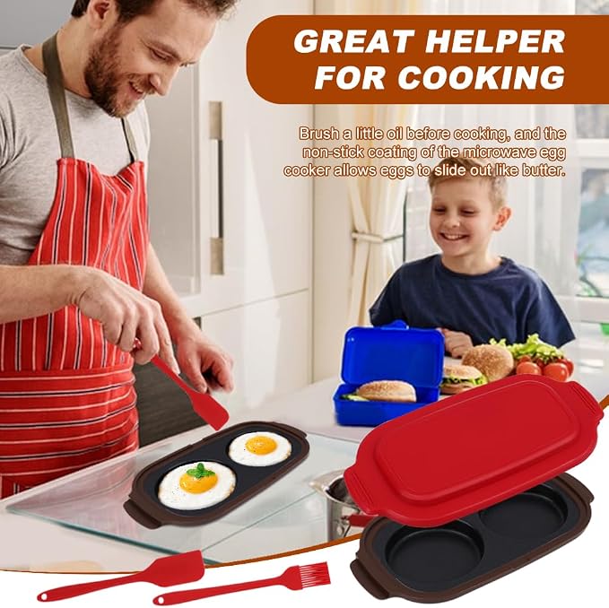 Microwave Egg Cooker & Poacher, Quick-Heat Dual Cavity Non-Stick Egg Maker for Breakfast Sandwich, Muffins and Omelets, Includes Spatula & Oil Brush for Home, Office, RV Travel