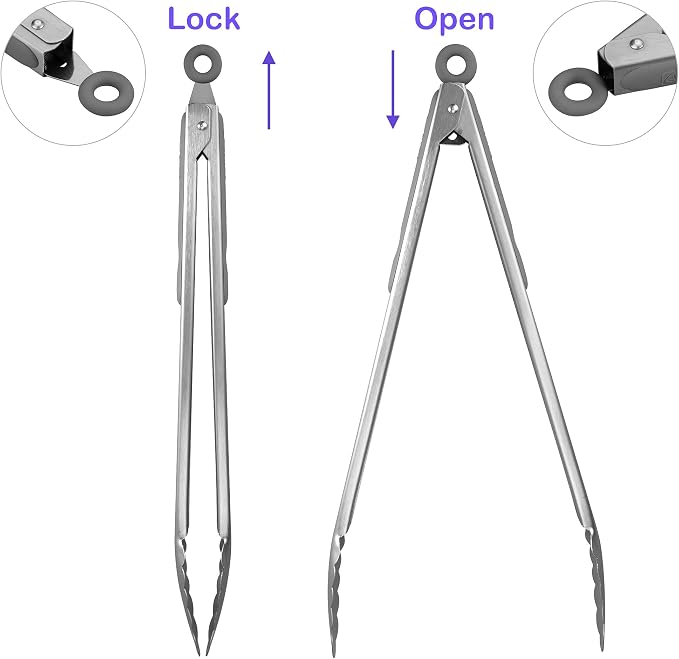 304 Stainless Steel Kitchen Cooking Tongs, 14 & 16 Inch, Set of 2, Grey | Locking Food Tongs with Non-slip Grips and Hanging Loops for Cooking, Grilling, BBQ and Serving, Dishwasher Safe