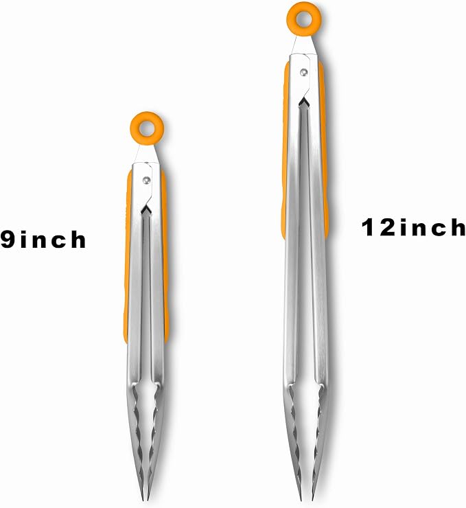 Premium 304 Stainless Steel Tongs Set – 12" Grill Tongs & 9" Cooking Tongs, Heat Resistant up to 600°F, Wavy Grip Head, Non‑Slip Handle with Locking Clip & Hanging Loop, Dishwasher Safe, Orange
