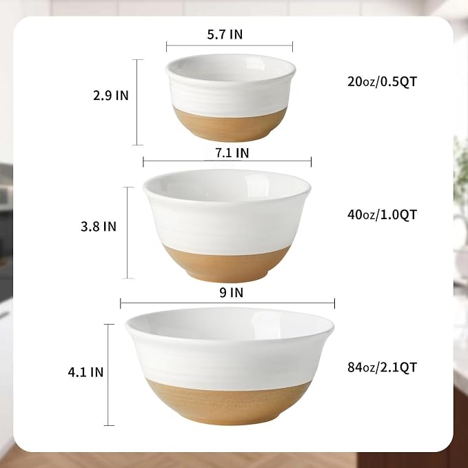 HASENSE Ceramic Serving Bowls, Large Salad Pasta Mixing Bowls Set, 2.1/1.0/0.5 Qt for Entertaining, White Nesting Batter Bowls for Prepping Baking, Dishwasher Microwave Safe, Set of 3
