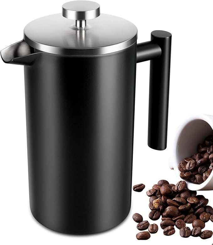 34 OZ Large French Press, Premium Stainless Steel French Press Coffee Maker | Sturdy Insulated French Coffee Press 4 - 8 Cups, Tea Presses for Home Kitchen Camping Travel Loose Tea, Elegant Black