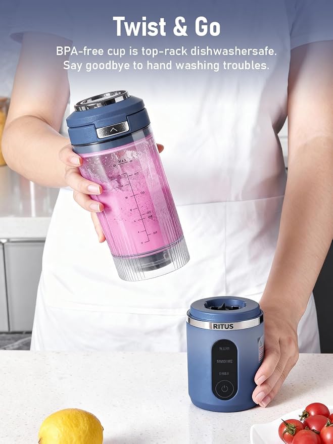 RITUS Cordless Portable Blender,Juice Blender,Removable Vessel-for-Smoothies Blend Ice Crush 3 Programs,20oz BPA Free Vessel Magnetic-Ring Dishwasher Safe, Leakproof，Blue