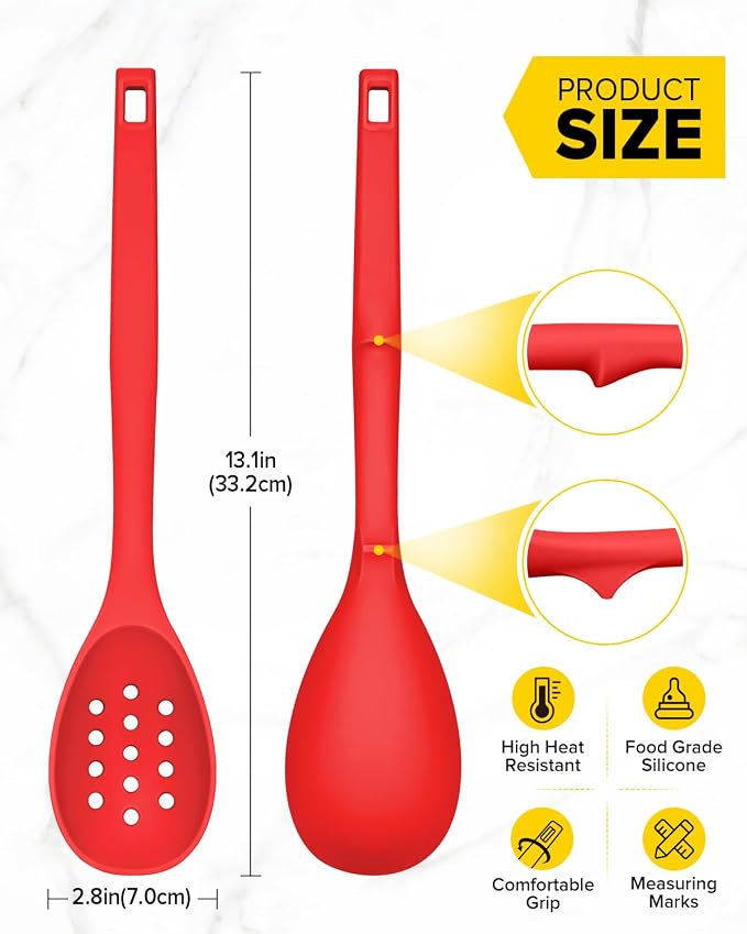 Pack of 2 Silicone Cooking Spoons, Non Stick Solid Kitchen Spoon with Measuring Marks & Back Hooks, Heat Resistant Silicone Slotted Spoon for Cooking, Mixing, Stirring,Serving (RED)