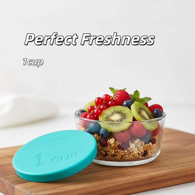 Yodecy Silicone Bowl Lids fit Pyrex Glass Bowls 7202-PC 1 Cup, Yodecy Silicone Bowl Lids fit Anchor Hocking Glass Bowls 7202-PC 1 Cup,Replacement Lids 3.8in(4 Pack Blue-green)