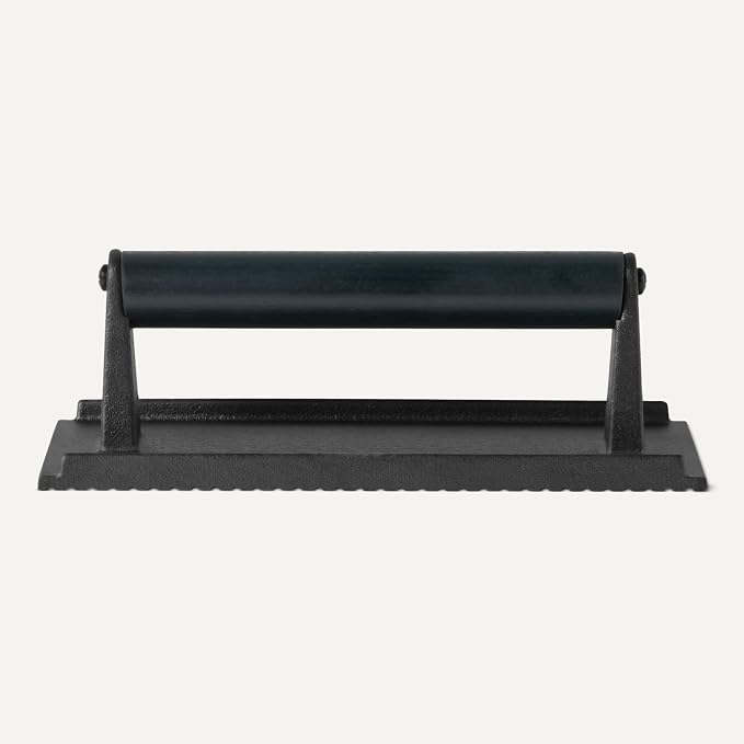 Amazon Basics Smash Burger Press, Cast Iron Bacon Press with Wooden Handle, Grooved Bottom for Grill Marks, Rectangle 8.1 x 4.2 Inch, Black, 1-Pack