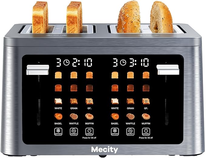 Mecity 4 Slice Touchscreen Toaster, 6 Bread Modes & 6 Browning Levels, Dual Touch Control Wide Slot Stainless Steel Electric Toaster with Memory, Defrost, 3-Min Auto Shutoff for White, Bagels, Waffles