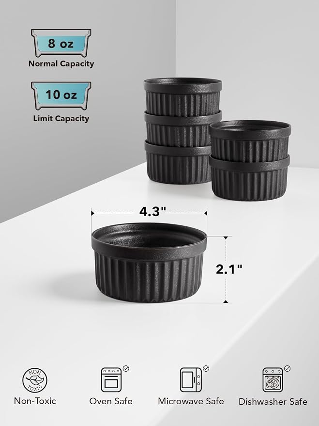 LE TAUCI Ramekins 8 OZ Oven Safe, Creme Brulee Ramekins, Pudding Custard Cups Souffle Ramiken, Dipping Sauce Dishes, Ceramic Ramekin Bowls Set of 6, Crude Black