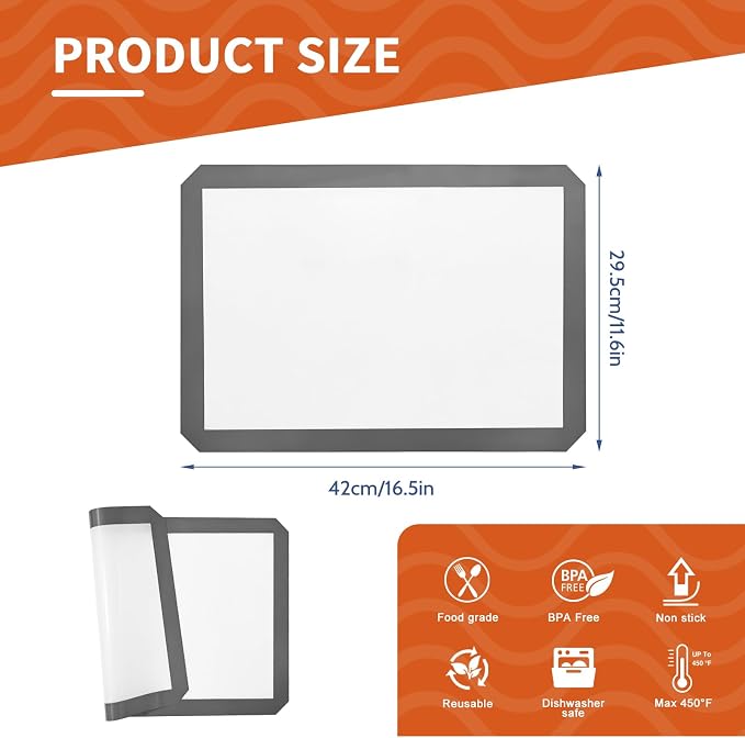 Silicone Baking Mat, 16.5"x11.6" Non Stick Reusable Silicone Cooking Mat, BPA Free Baking Sheet for Cookies, Macarons Bread & Pastry, Toaster Pad Set of 2