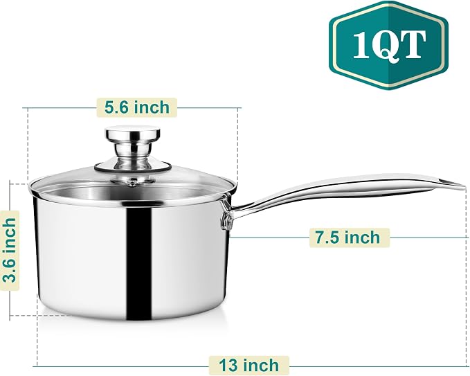 P&P CHEF 1 Quart Tri-Ply Saucepan with Visible Lid, Small Pot, 1 Piece | 1 Qt Stainless Steel Sauce Pan, Cooking Induction Pot Cookware for All Stoves, Healthy & Sturdy, Oven & Dishwasher Safe