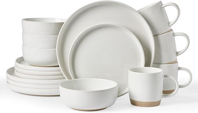 Famiware Milkyway 16-Piece Dinnerware Set with Mugs, White | Stoneware Plates and Bowls for 4, Dishes Set for Everyday/Formal Use, Microwave/Dishwasher Safe, Chip/Scratch Resistant