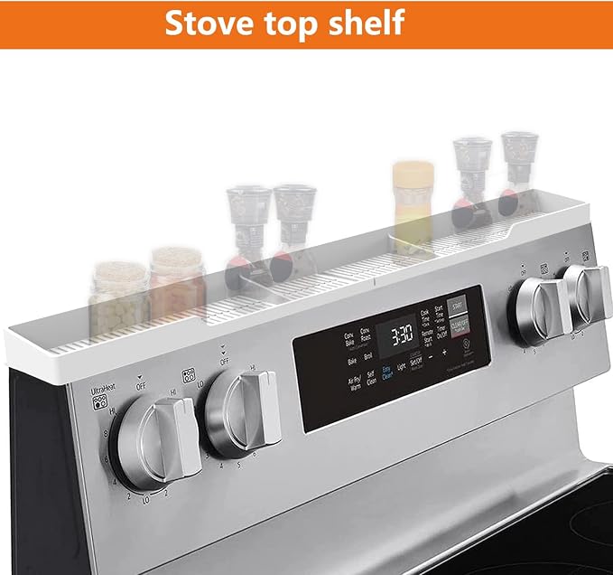 AWOKE Stove Top Shelf 30 Inch - Silicone Material Magnetic Shelf for The Stove - 3 Functional Partitions Kitchen Spice Rack Organizer - White