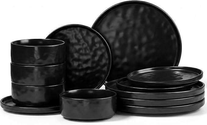 E-far Black Plates and Bowls Sets, 12-Piece Stoneware Dinnerware Set for 4 | Modern Ripple Design Dishes Set for Kitchen Dining, Chip & Scratch Resistant, Microwave & Dishwasher Safe, Matte Black