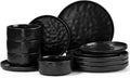 E-far Black Plates and Bowls Sets, 12-Piece Stoneware Dinnerware Set for 4 | Modern Ripple Design Dishes Set for Kitchen Dining, Chip & Scratch Resistant, Microwave & Dishwasher Safe, Matte Black