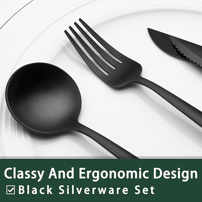 EWFEN 24-Piece Black Silverware Set with Steak Knives, Black Flatware Set for 4, Food-Grade Stainless Steel Tableware Cutlery Set, Mirror Finished Utensil Sets for Home Restaurant, Long Edge