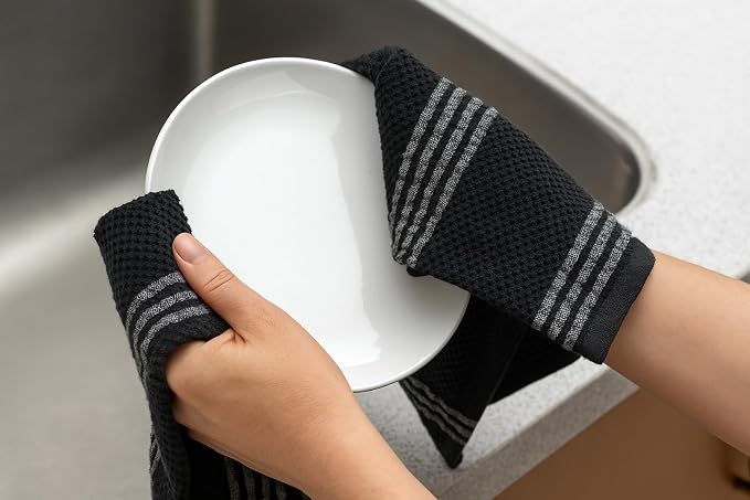 Black Kitchen Hand Dish Towels: Oversized 18" x 28",100% Cotton Soft Absorbent Dish Cloths for Cleaning Drying, Set of 3 Multipurpose for Everyday Use