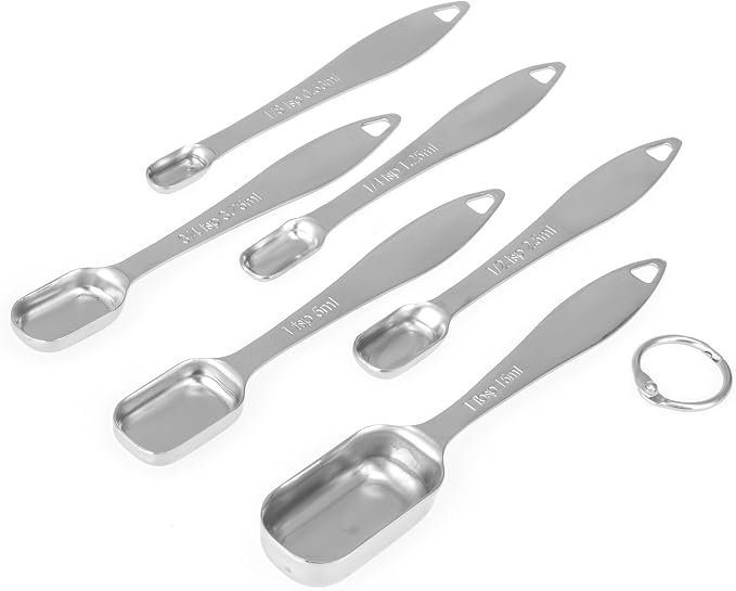 6-Piece 18/8 Stainless Steel Measuring Spoons Set, Silver | Six Engraved US and Metric Sizes From 1/8 TSP to 1 Tbsp Fit Narrow Spice Jars and Stay Together On an O-shaped Ring