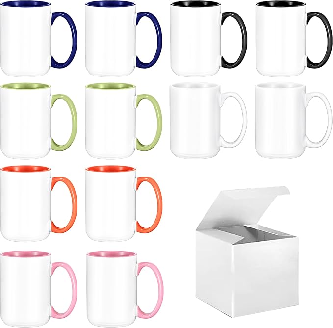 TANGLONG 12PCS 15oz Sublimation coffee Mugs - 6 Assorted Colors-with Box | Heat Sensitive Coffee Mugs for homemade gifts,Home ,Kitchen,office,casual dringking water,juice,milk,latte
