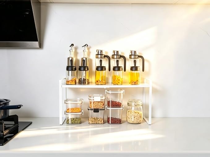 Expandable Cabinet Shelf Organizer Riser for Kitchen Pantry Cupboard Under Sink Countertop (White, 8.2’’D * 12.2-21.6’’W * 10.4’’H)