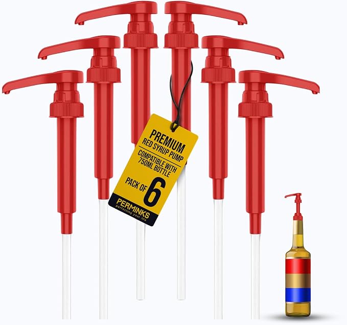Premium Syrup Pump Compatible with Torani 750 ml Bottle, Davinci Syrups - No Spill, No Clog Syrup Pump Dispenser for Vanilla, Snow Cone, Blueberry, Coffee Flavoring & More (Pack of 6, Red)