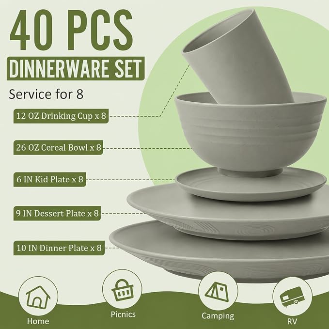 Unbreakable Wheat Straw Dinnerware Set 40 PCS - Wheat Straw Plates and Bowls Sets With Cups for 8 Dishwasher & Microwave Safe Lightweight Dish Set for Party Camping Kitchen - Grey