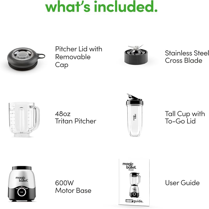 magic bullet Combo Blender, 600W, 48oz Pitcher, 16oz Cup with To-Go Lid, Easy Cleaning, Cross Blade, for Smoothies, Sauces, Shakes, Salsa, Hot Blends, Silver, MBF50200