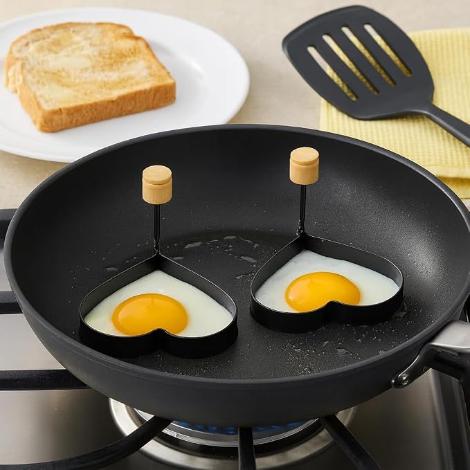 HIC Kitchen Non-Stick Egg and Pancake Cooking Rings, Heart Shaped, Non-Stick Carbon Steel; PFOA and BPA Free, Set of 4