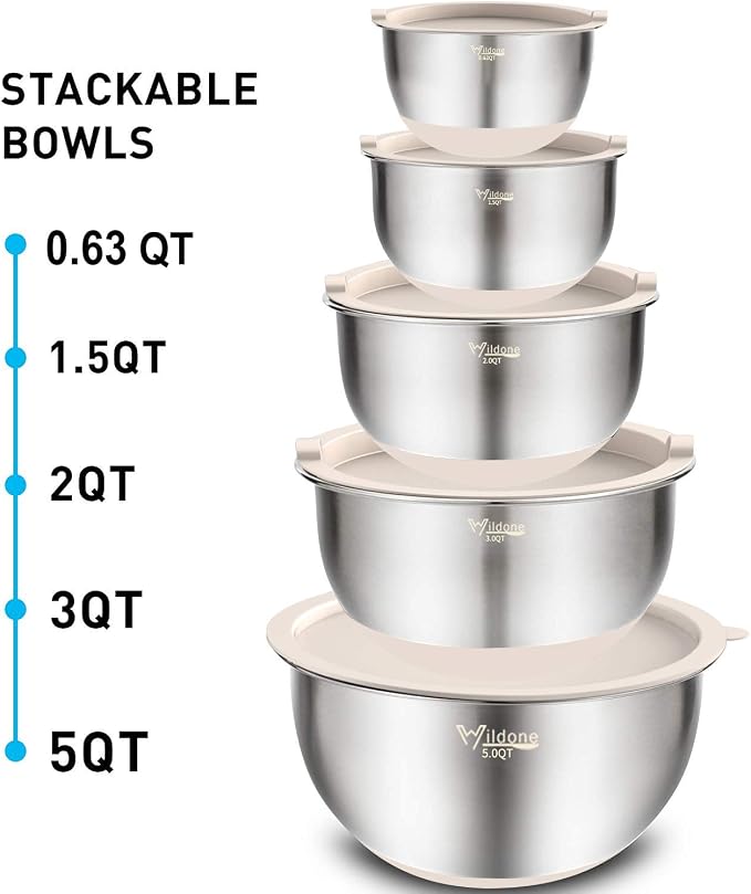 Wildone Mixing Bowls with Airtight Lids Set, 5PCS Stainless Steel Khaki Nesting Bowls for Kitchen, with Grater Attachments & Non-Slip Bottoms, Size 5, 3, 2, 1.5, 0.63 QT, Great for Mixing & Serving