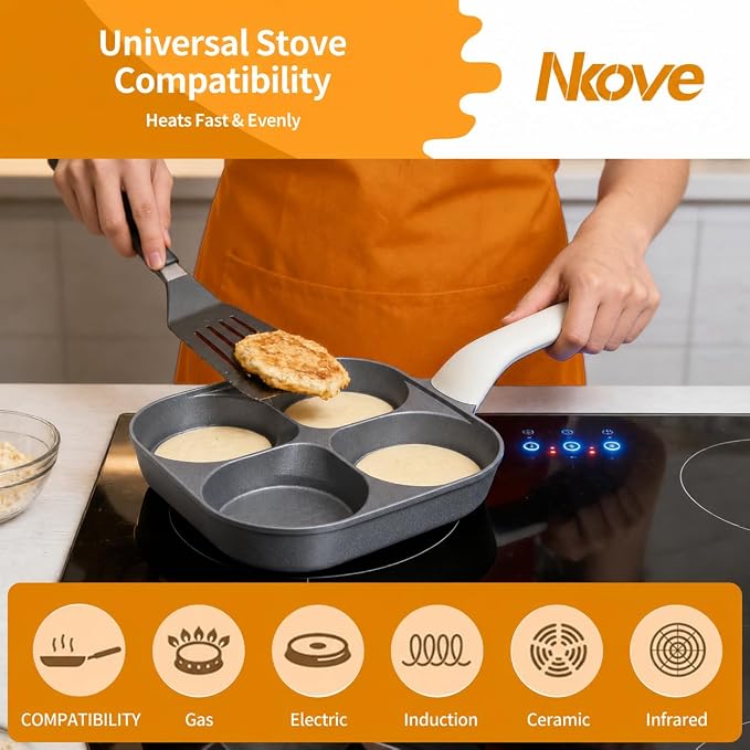 Nkove 4 Cup Egg Pan, Nonstick Breakfast Pan with 4 Holes for Pancakes | 4 Compartment Skillet for Eggs, Omelets & Pancakes, Nonstick Frying Pan for Breakfast Sandwiches, Gas & Induction Compatible