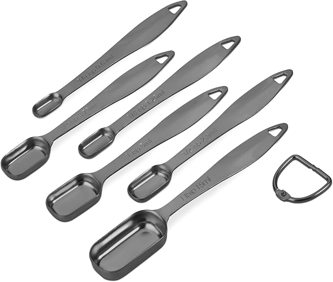6-Piece 18/8 Stainless Steel Measuring Spoons Set, Dark Gray | Six Engraved US and Metric Sizes From 1/8 TSP to 1 Tbsp Fit Narrow Spice Jars and Stay Together On an O-shaped Ring